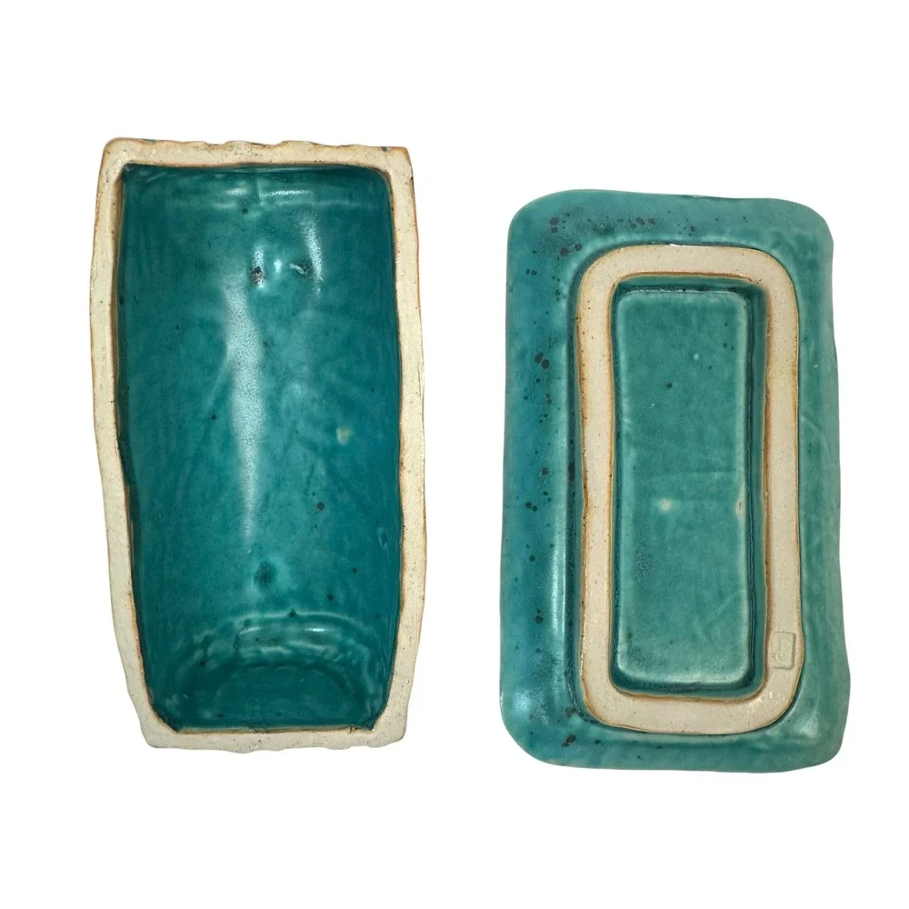 Studio‎ Pottery Butter Dish Handmade Geometric Textured Teal Blue MCM Sculptural